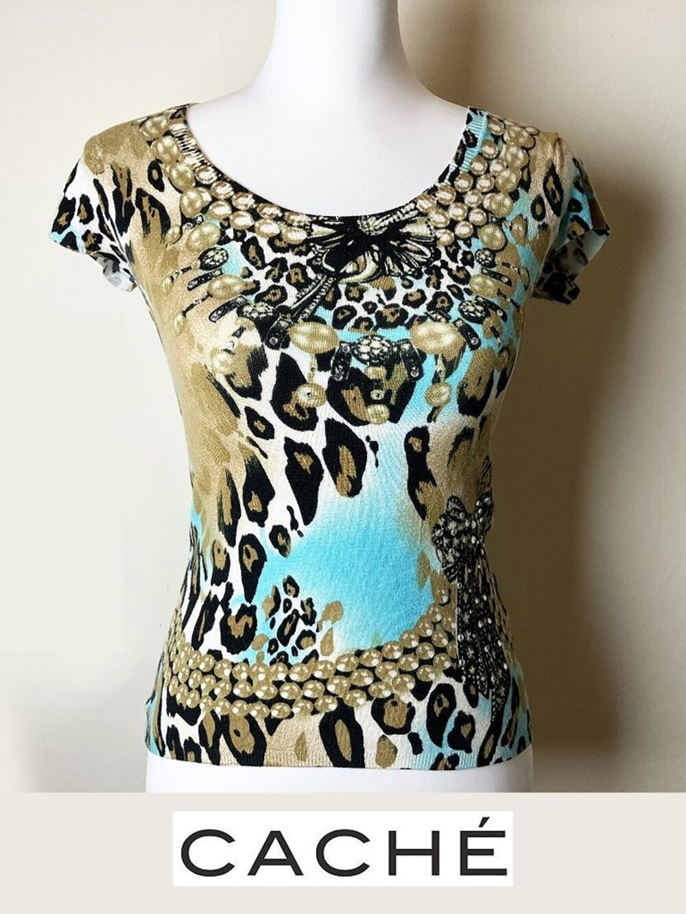 Vintage Cache Beaded Top | Abstract Leopard Print | Rare Find | Size S